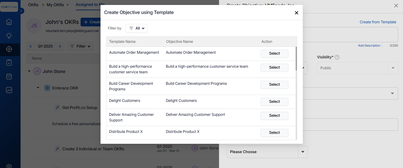 Use of Default OKRs based on Selected Templates